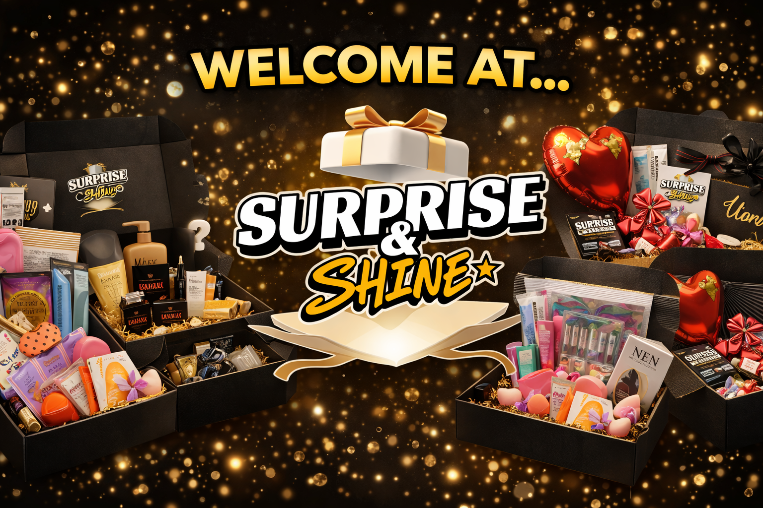 Promotional image of 'Surprise & Shine' with gift boxes and products on a dark background.