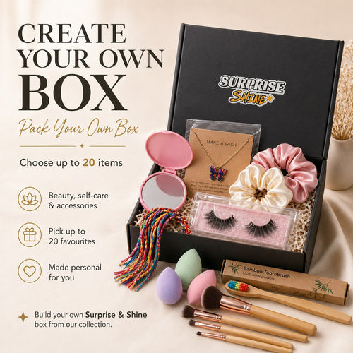 Surprise & Shine create your own box with beauty, self-care, and accessory items like false lashes, scrunchies, makeup brushes, and a butterfly necklace.