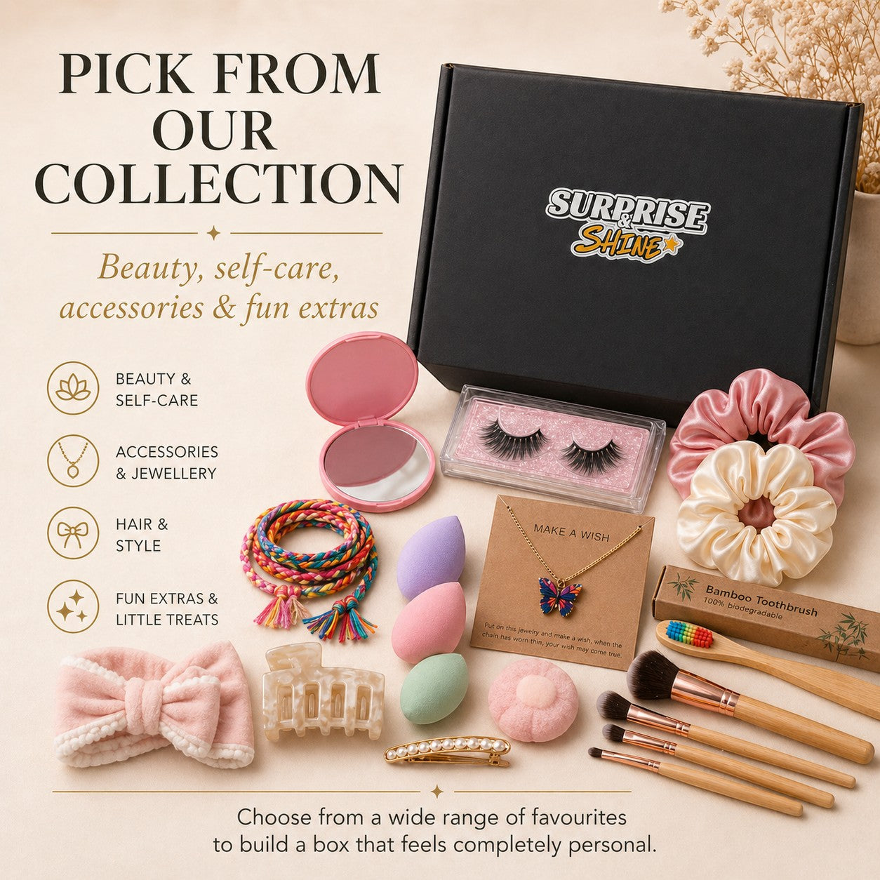 Surprise & Shine customisable gift box with beauty, self-care, accessories & fun extras like makeup brushes, scrunchies, lashes, necklace, hair clip, headband.