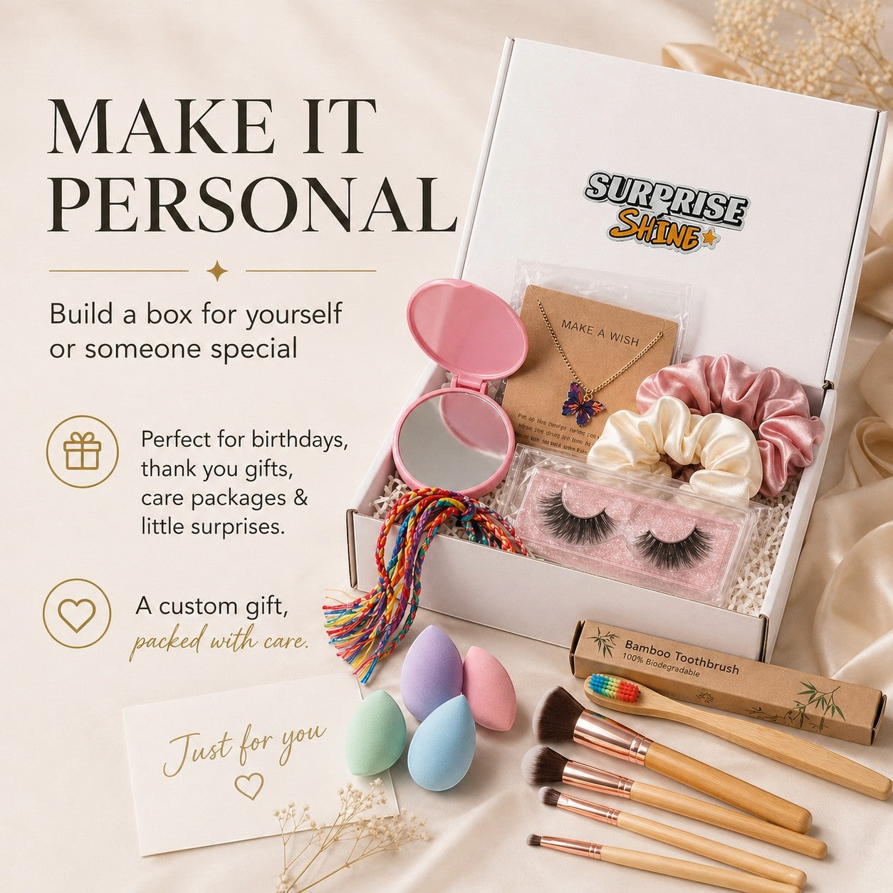 Surprise & Shine customizable gift box with makeup sponges, false lashes, scrunchies, necklace, mirror, toothbrush, and makeup brushes.
