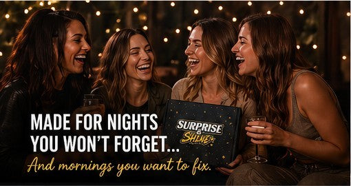 Surprise & Shine SURVIVOR Hangover Mystery Box with four laughing women holding drinks.