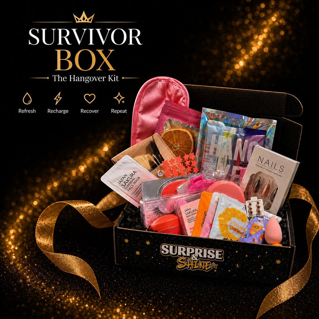 Surprise & Shine Survivor Box hangover kit with face masks, eye patches, nail kit, sleep mask, and other self-care items.