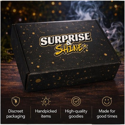 Surprise & Shine black gift box with gold stars and moon pattern, featuring discreet packaging and high-quality goodies.